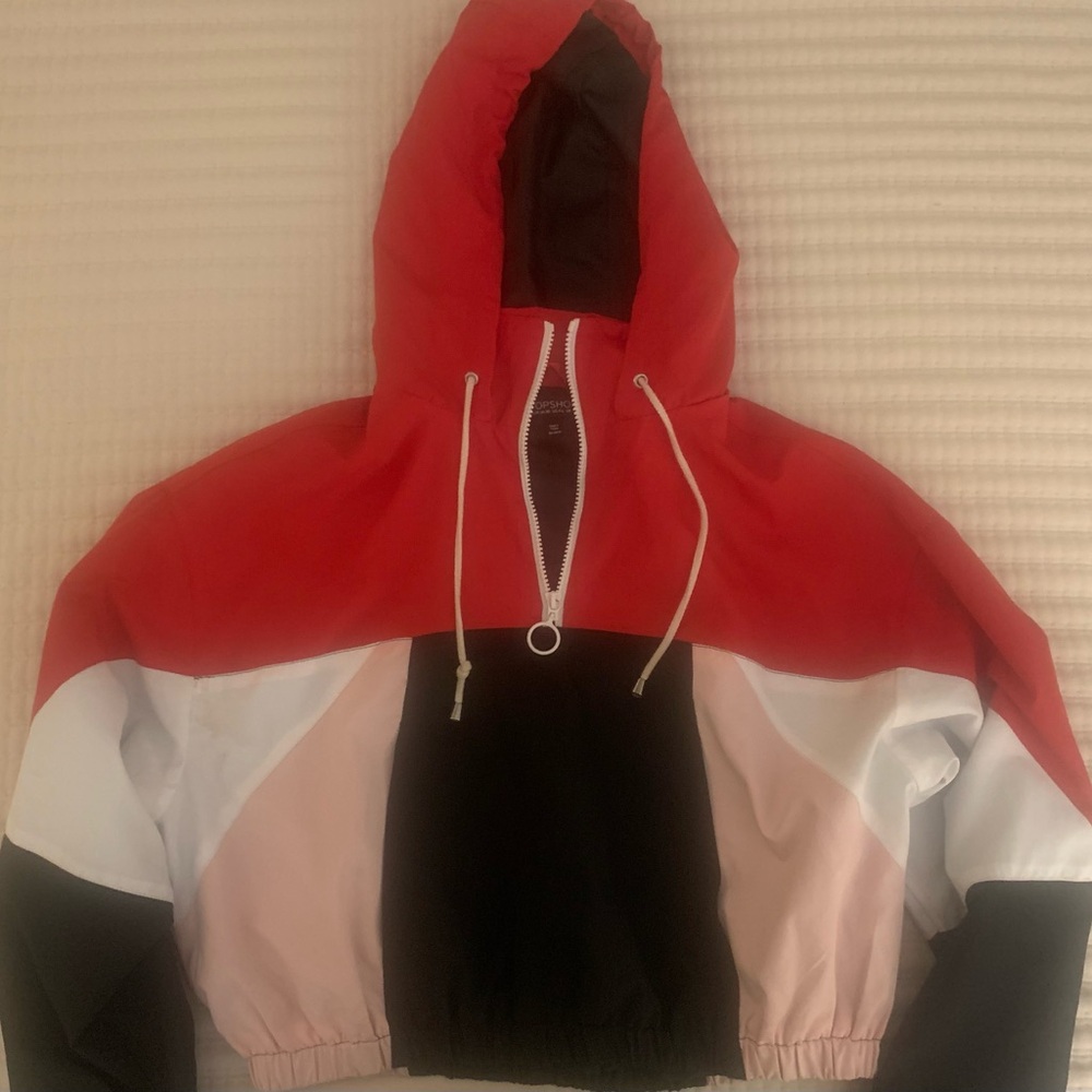 Topshop Red Black White Pink Colorblock Hooded Puffer